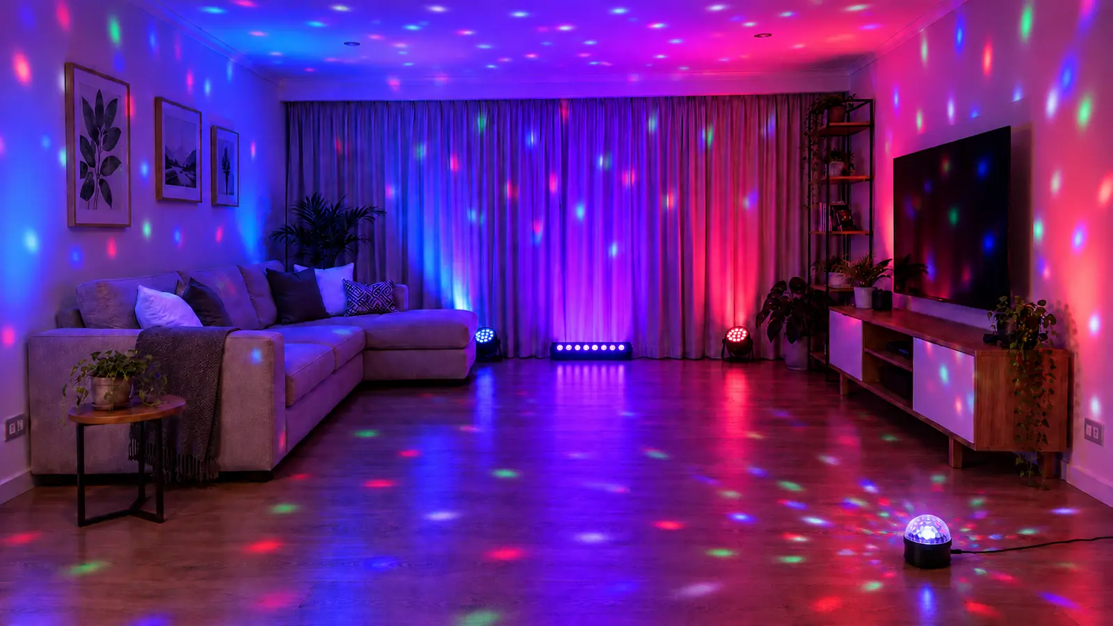 Living con set de luces para fiesta en casa