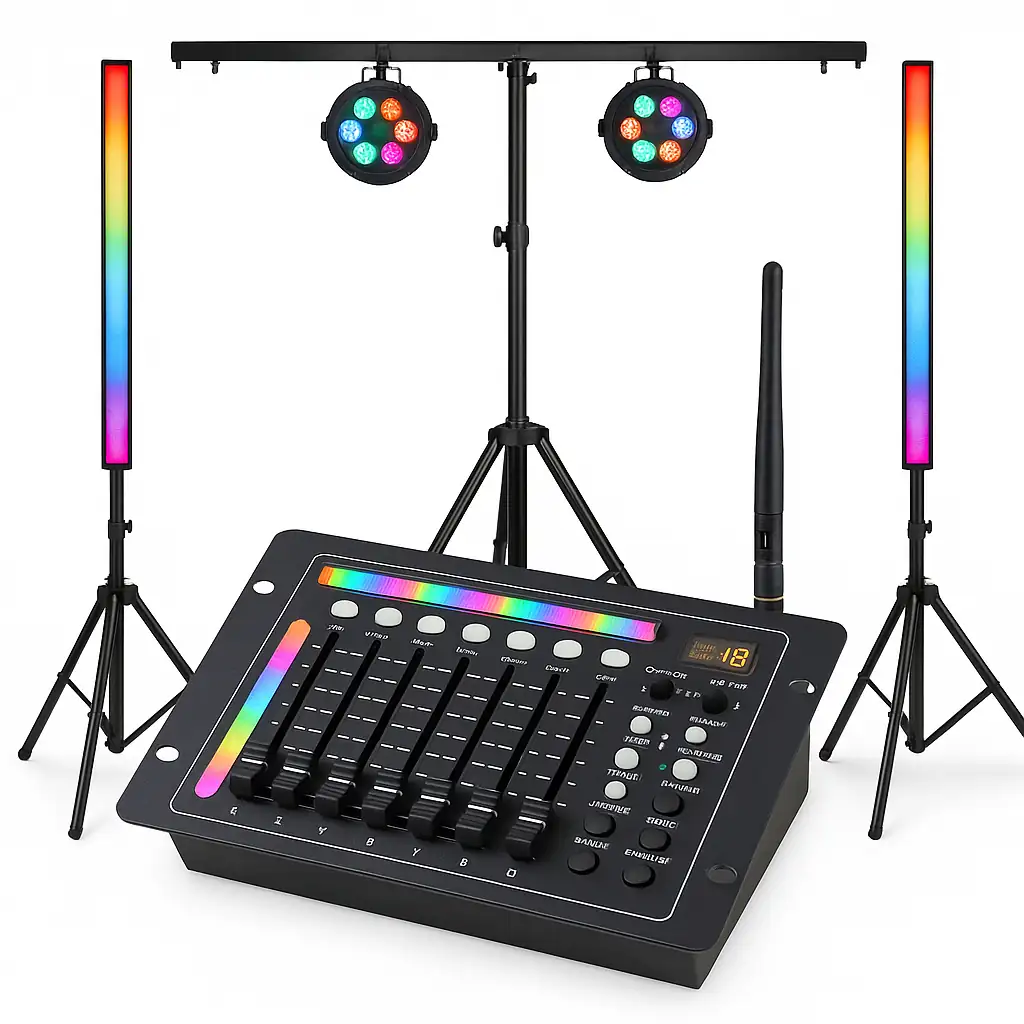 Control de luces DMX para DJs, ideal para sincronizar y personalizar efectos de iluminación en fiestas, eventos y discotecas.