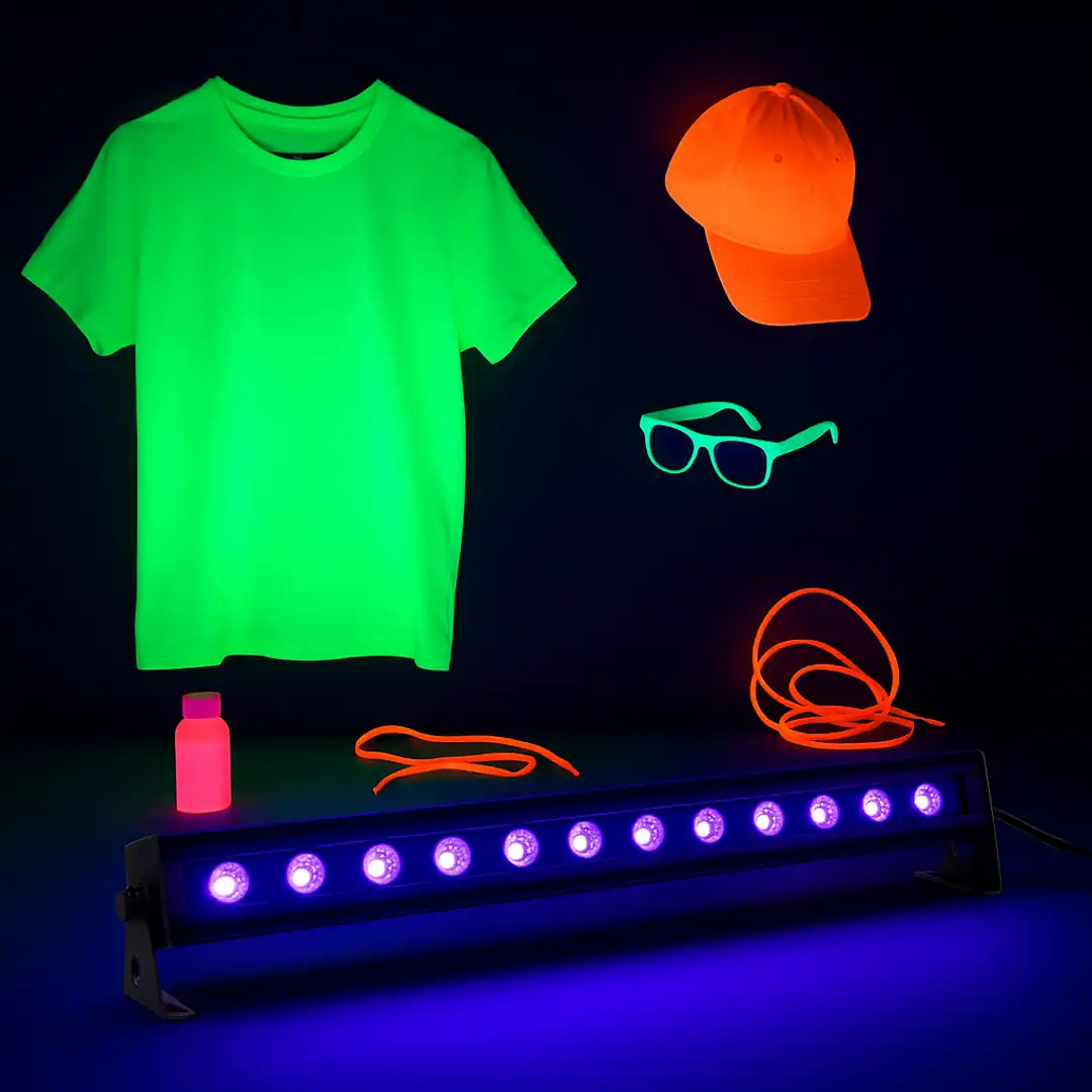 Luces UV flúor para DJs que resaltan colores y efectos en fiestas, escenarios y eventos nocturnos.