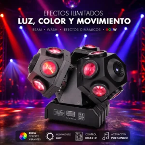 Cabeza móvil LED Pulpo Beam profesional con múltiples lentes Beam RGBW para fiestas, discotecas, escenarios, DJ y eventos en Chile.