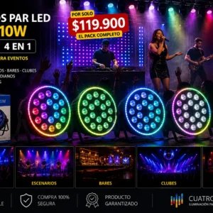 Foco LED RGBW 18x10W con aro LED circular moderno iluminando un DJ y pista de baile durante una fiesta.