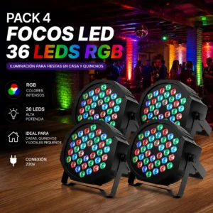 Foco PAR LED DMX RGB de 36 LED para iluminación de fiestas, escenarios, quinchos, terrazas y eventos con colores intensos.