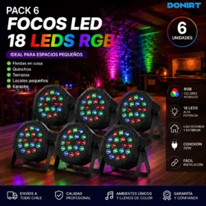 Foco PAR LED RGB de 18 LED para iluminar fiestas en casa, quinchos, terrazas, karaoke, bares y eventos con colores intensos.