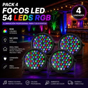 Pack de 4 focos PAR LED RGB de 54 LED para iluminación de fiestas, quinchos, terrazas, piscinas, DJ móviles, karaoke y eventos con colores intensos.