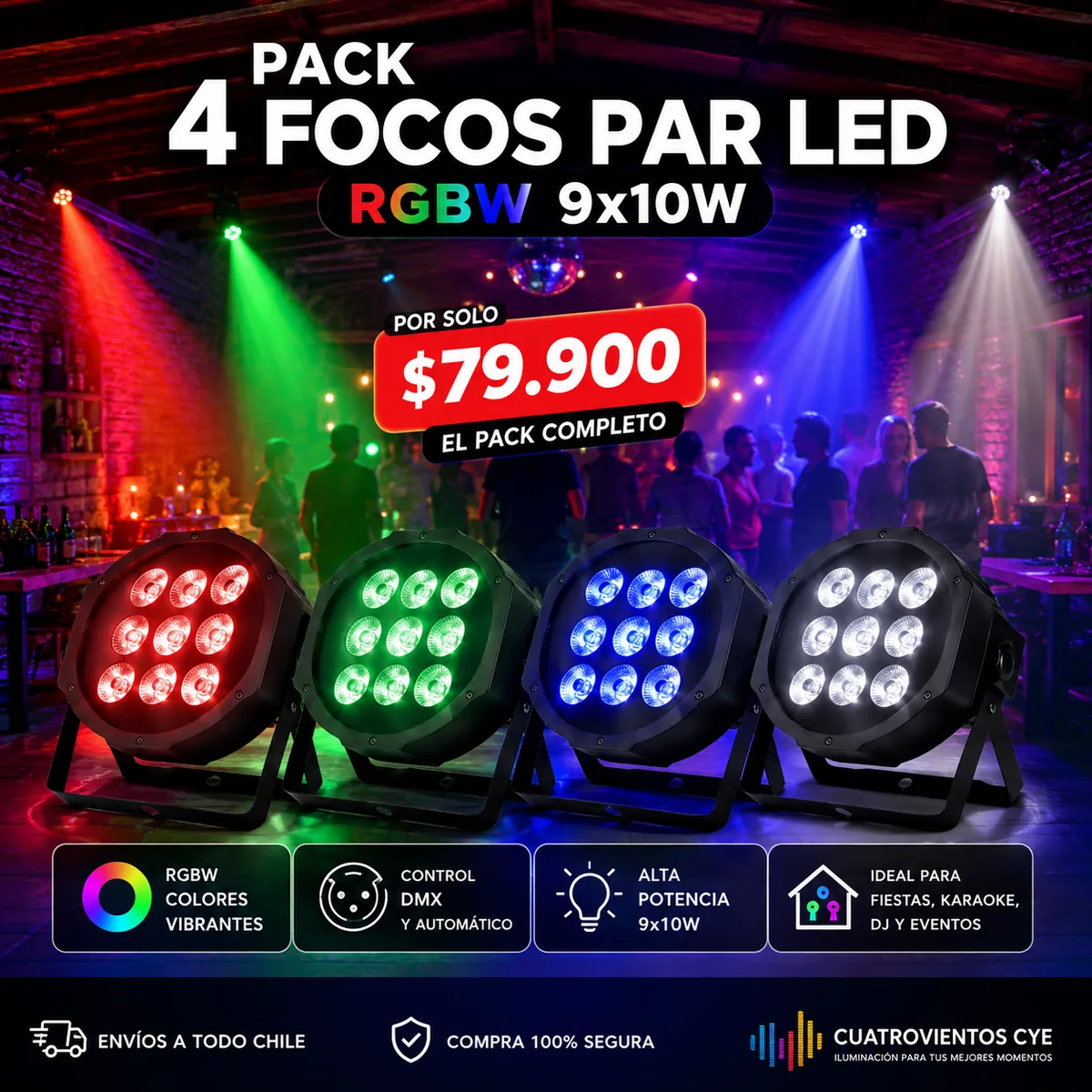 Foco LED Colores RGB 9x10 para DJ Karaoke y Eventos CuatroVientosCYE