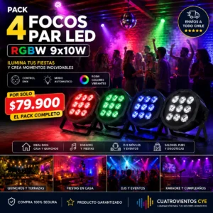 Foco LED colores RGB 9x10 para luces de fiestas iluminando un quincho con DJ y ambiente profesional.