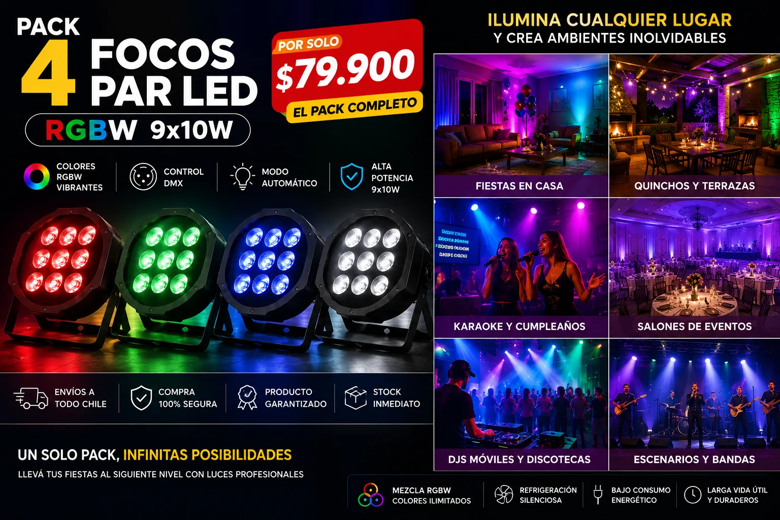 Luces para Fiestas Foco LED RGB 9x10 CuatroVientosCYE Chile