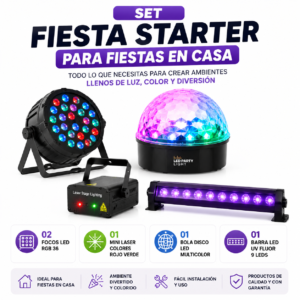 Set Fiesta Starter para fiestas en casa con focos LED RGB, mini láser rojo verde, bola disco LED multicolor y barra UV flúor de 9 LEDs de Cuatrovientoscye.