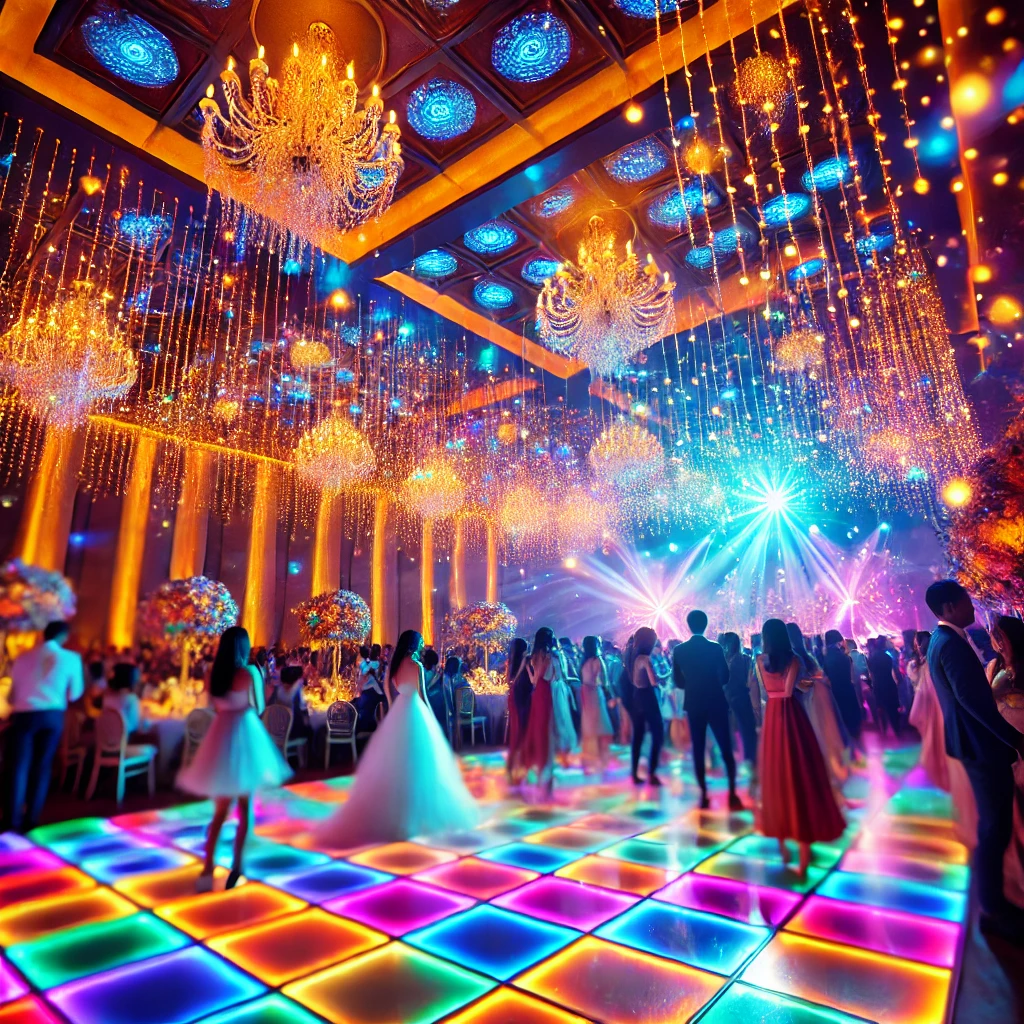 Luces LED de colores en una boda decorando la pista de baile y creando un ambiente festivo.