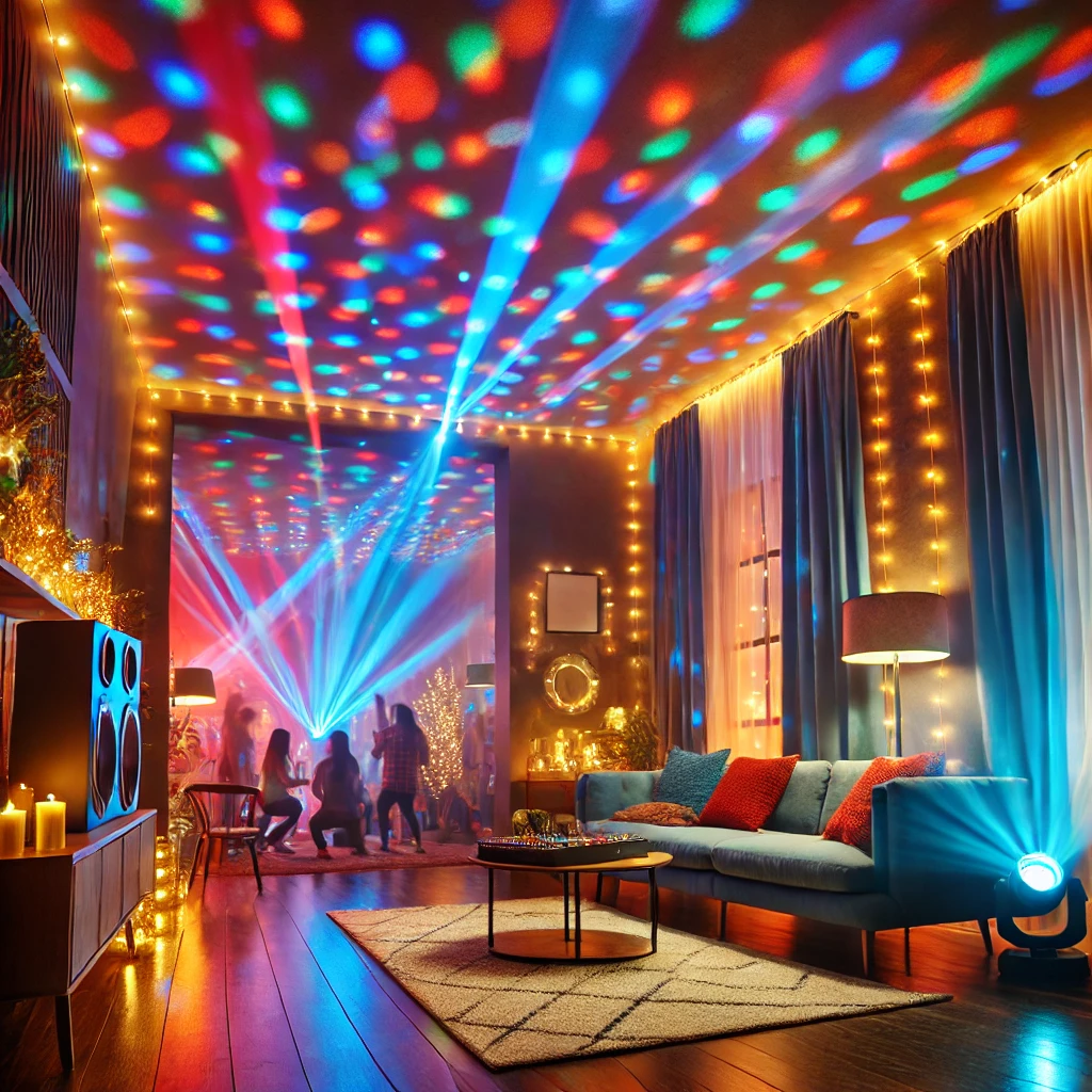 Sala moderna con luces LED de colores para ambientar fiestas en casa