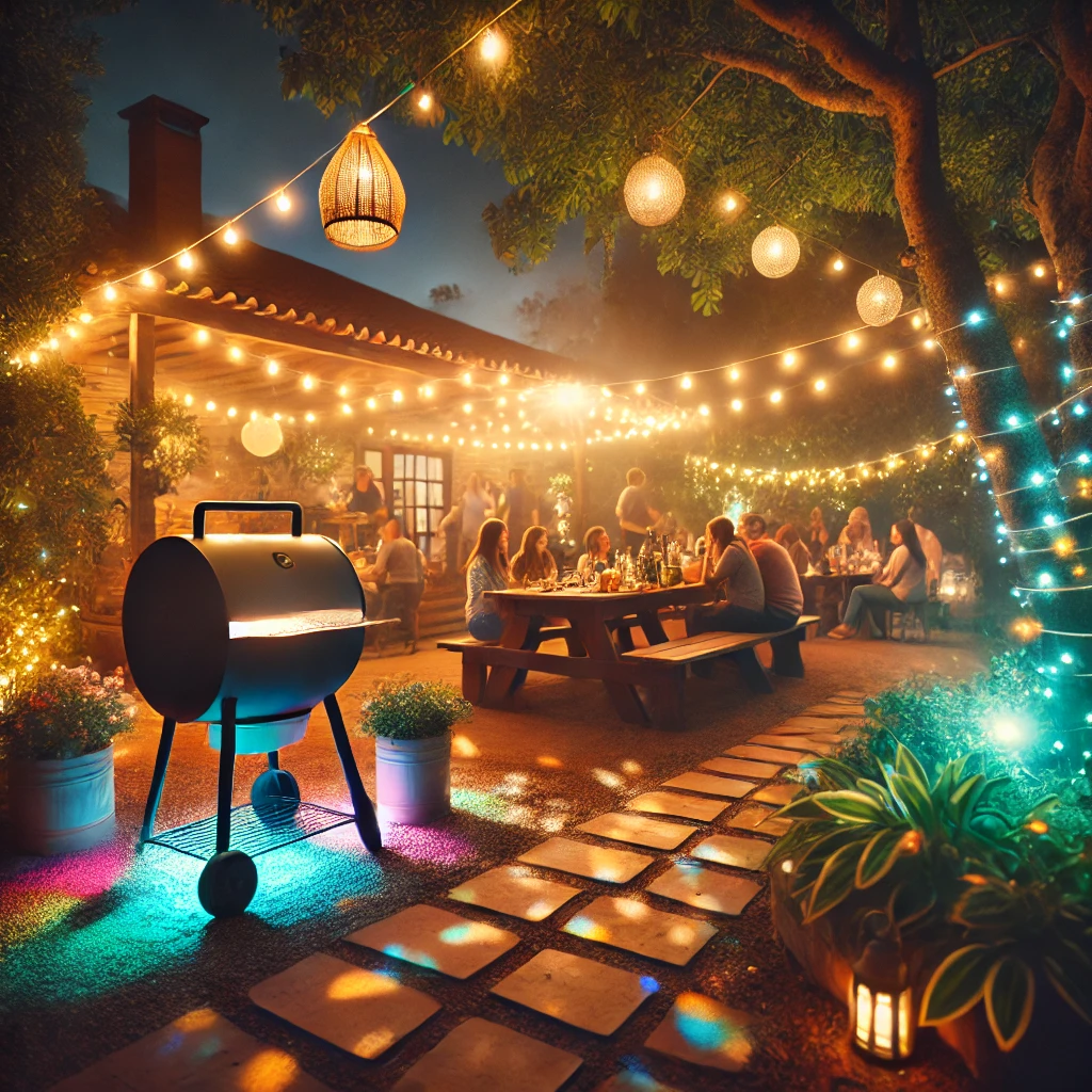 Quincho iluminado con luces LED y guirnaldas para una fiesta nocturna al aire libre