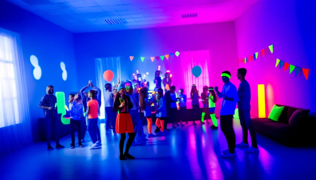 Vista de una fiesta fluor vibrante con invitados bailando bajo luces neón y decoraciones brillantes.