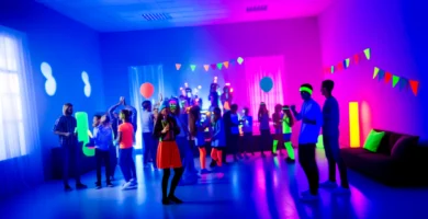 Vista de una fiesta fluor vibrante con invitados bailando bajo luces neón y decoraciones brillantes.