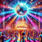 Personas bailando en una fiesta disco con luces de colores y bola de discoteca.