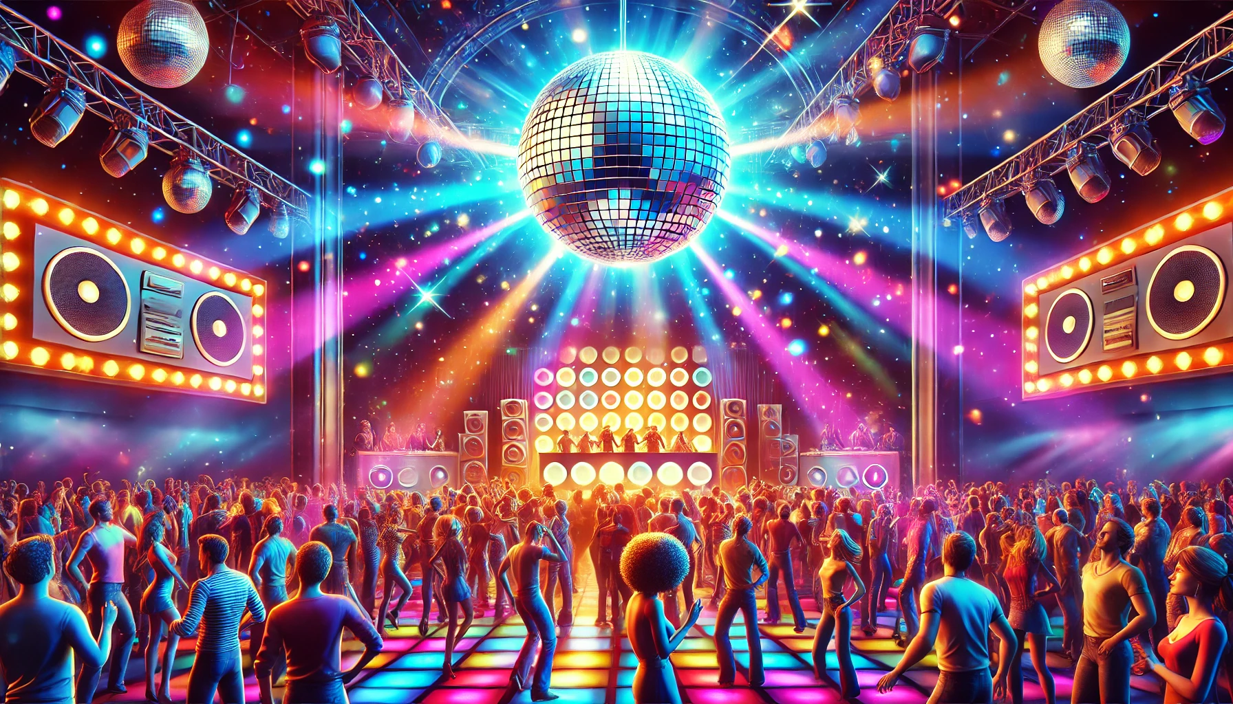 Personas bailando en una fiesta disco con luces de colores y bola de discoteca.