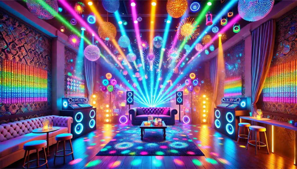 Luces ultravioleta y neon brillando en una fiesta, creando un ambiente vibrante y colorido ideal para celebraciones nocturnas.