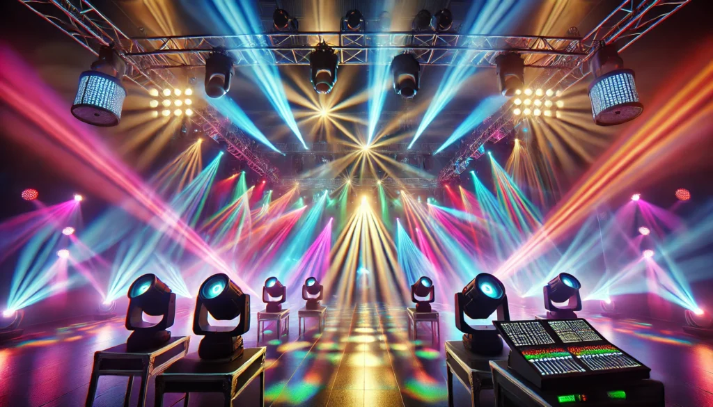 Escenario iluminado con luces LED, cabezas móviles y efectos de colores para eventos y conciertos