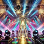 Escenario iluminado con luces LED, cabezas móviles y efectos de colores para eventos y conciertos