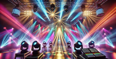 Escenario iluminado con luces LED, cabezas móviles y efectos de colores para eventos y conciertos