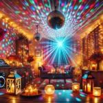 Variedad de luces LED multicolores decorando un salón de fiestas en casa