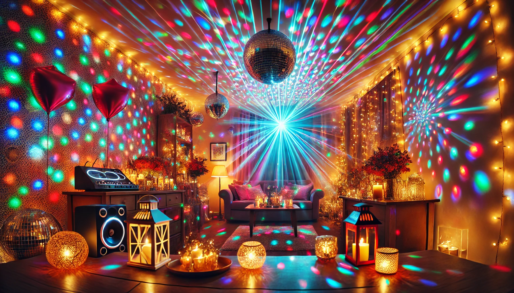 Variedad de luces LED multicolores decorando un salón de fiestas en casa