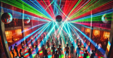 Varias luces láser de colores rojo, verde y azul iluminando una fiesta con gente bailando