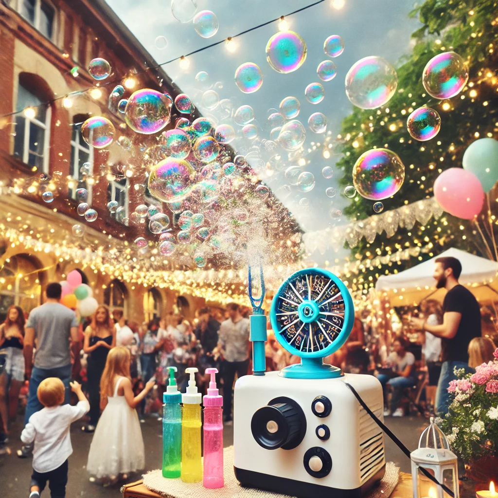 Máquina de burbujas en funcionamiento en una fiesta, lanzando burbujas coloridas al aire y creando un ambiente divertido.