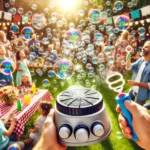 Niños y adultos disfrutando de burbujas en un evento al aire libre