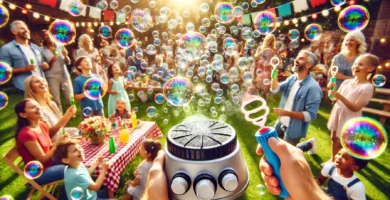 Niños y adultos disfrutando de burbujas en un evento al aire libre