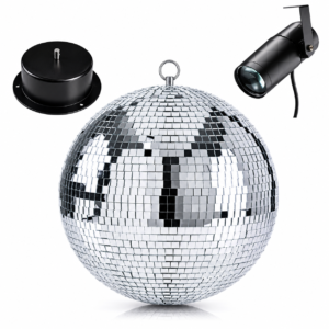 Bola de espejos de 20 cm con motor giratorio y foco de luz blanca para fiestas en casa, quinchos, dormitorios y salas pequeñas.
