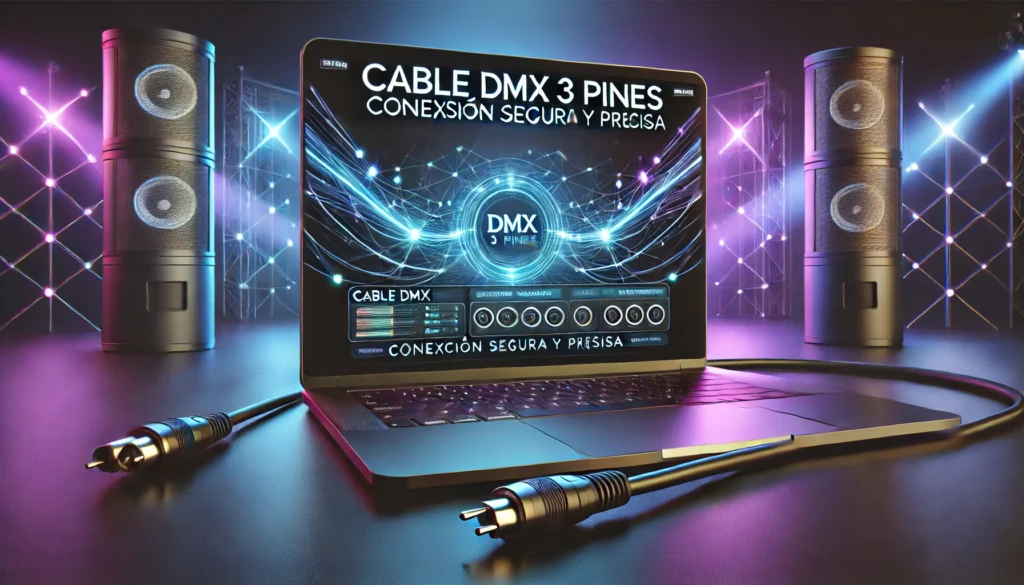 Cable DMX 3 pines de alta calidad para conectar luces y efectos de iluminación en eventos y escenarios.