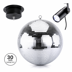Set bola de espejos de 30 cm con motor giratorio y foco LED blanco para fiestas en casa, patios, quinchos y cobertizos.
