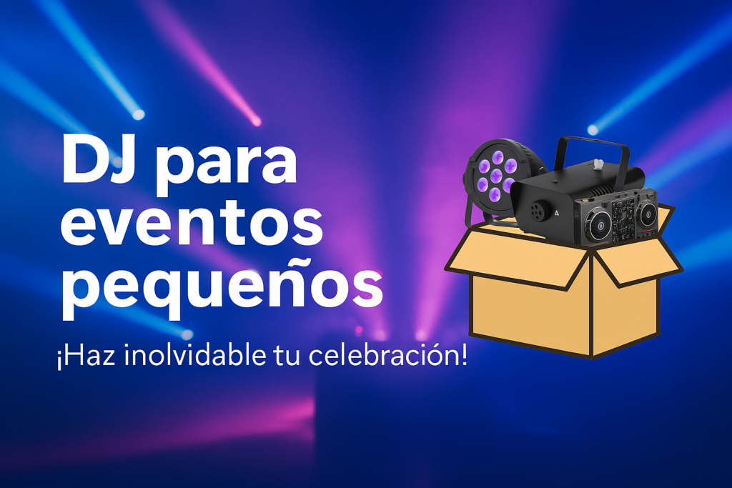 Banner promocional de DJ para eventos pequeños con luces LED, controlador y máquina de humo