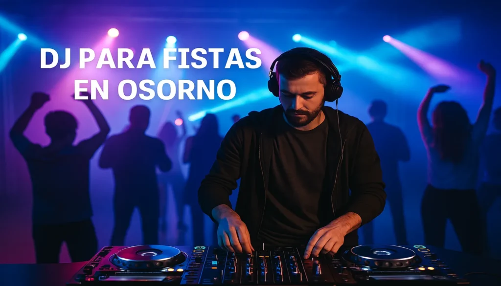 DJ mezclando música en evento nocturno en Osorno con público bailando y luces de colores