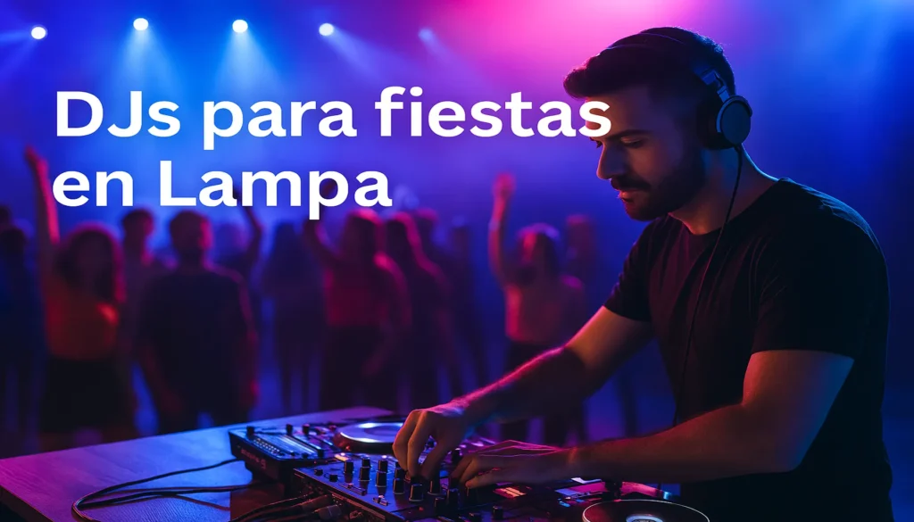 DJ profesional mezclando música en evento nocturno en Lampa con público y luces de colores