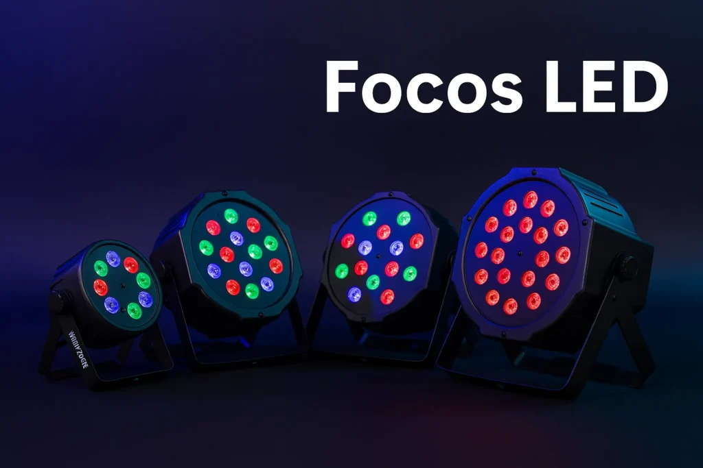 Focos LED PAR iluminando escenario con efectos de colores vibrantes