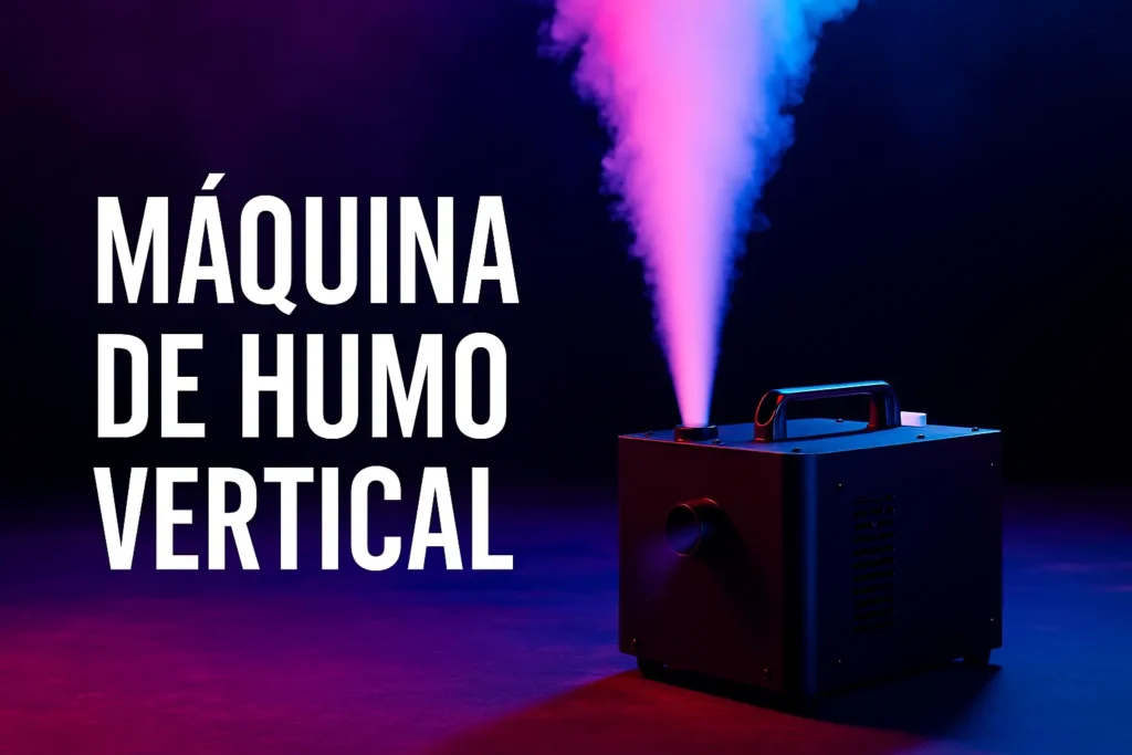 Máquina de humo vertical emitiendo columna de humo iluminada en colores para shows y discotecas