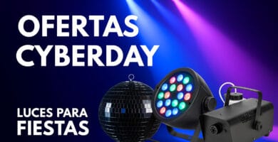 Imagen promocional de ofertas CyberDay 2025 en luces LED para fiestas, bolas de espejos, máquinas de humo y cabezas móviles
