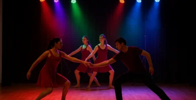 Grupo de danza contemporánea actuando en un escenario interior con luces LED RGBW