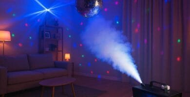 Máquina de humo funcionando en fiesta en casa con luces LED