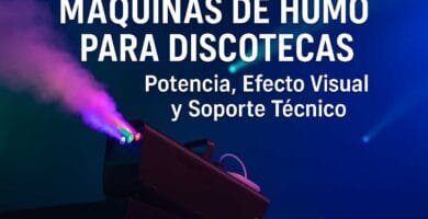 Máquina de humo para discotecas en funcionamiento, con luces LED RGB y efecto visual en escenario