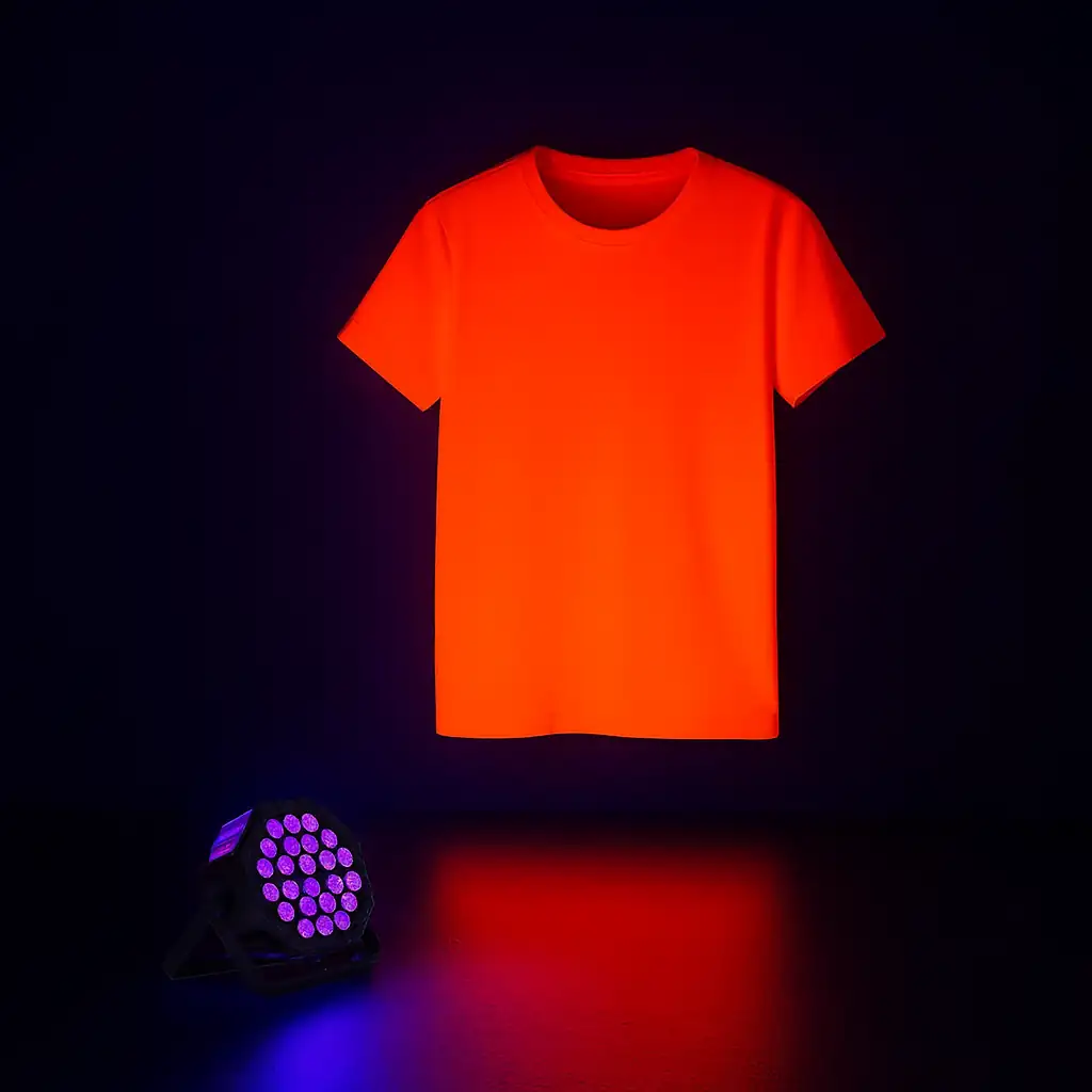 Foco LED UV potente iluminando prendas y decoraciones flúor en fiesta