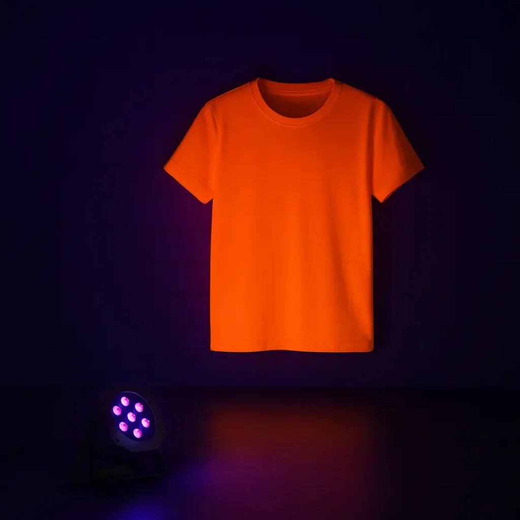 Foco LED UV económico iluminando polera color flúor en evento a 3 metros de distancia