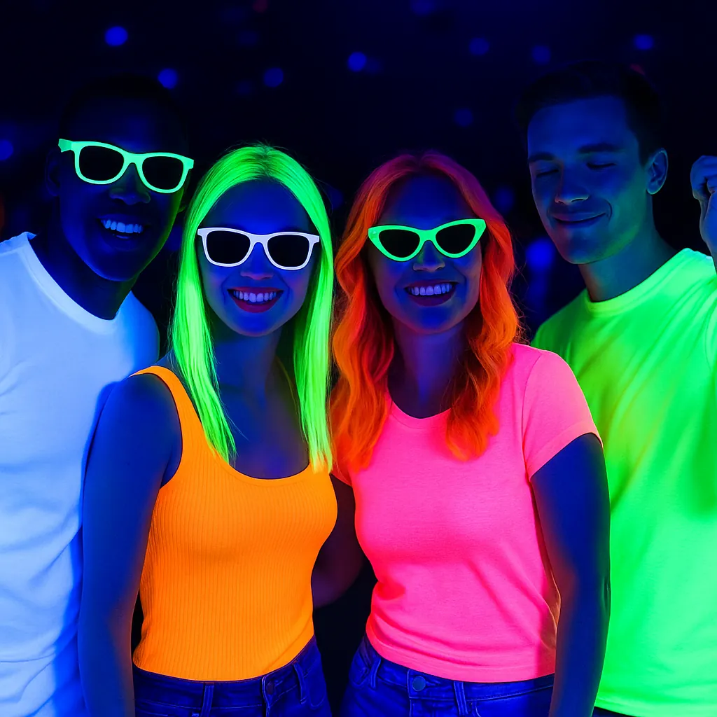 Luces negras UV LED que realzan colores fluorescentes en fiestas y celebraciones nocturnas