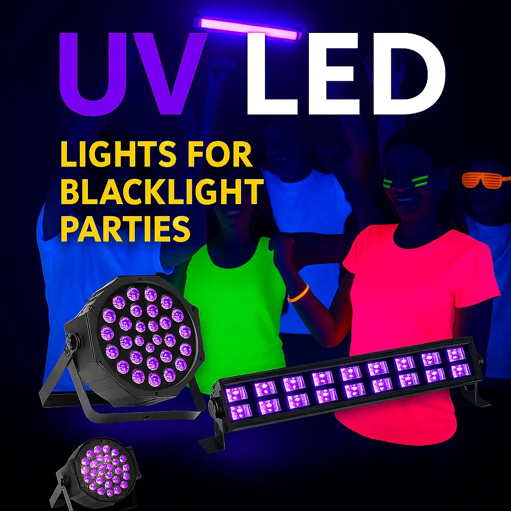 Luces ultravioleta UV LED ideales para resaltar colores fluorescentes en fiestas y eventos