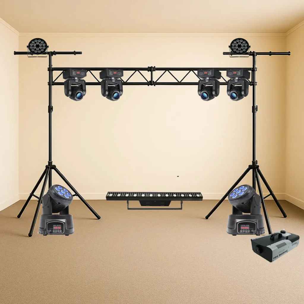Set de luces LED para fiestas en quinchos con efectos de colores, máquina de humo y cabezas móviles