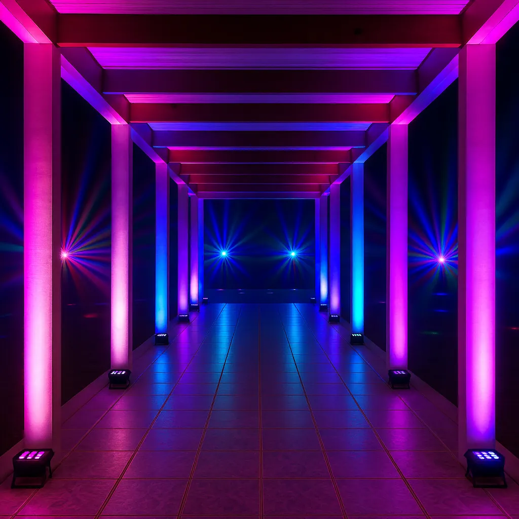 luces led iluminando y tiñendo paredes con colores brillantes en una fiesta