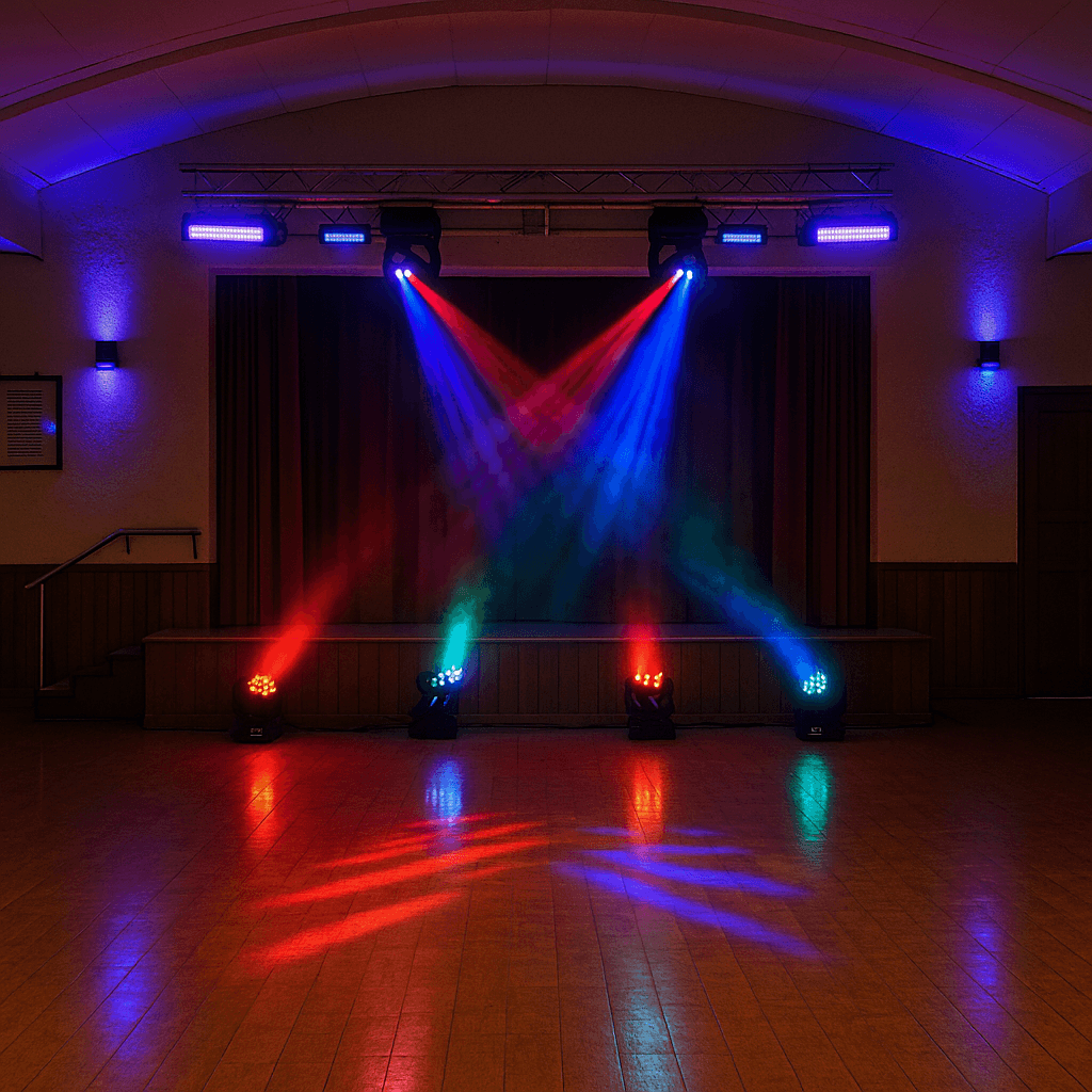 Escenario iluminado con luces LED de colores, Mini Spider, barras UV y efectos especiales para eventos y celebraciones.