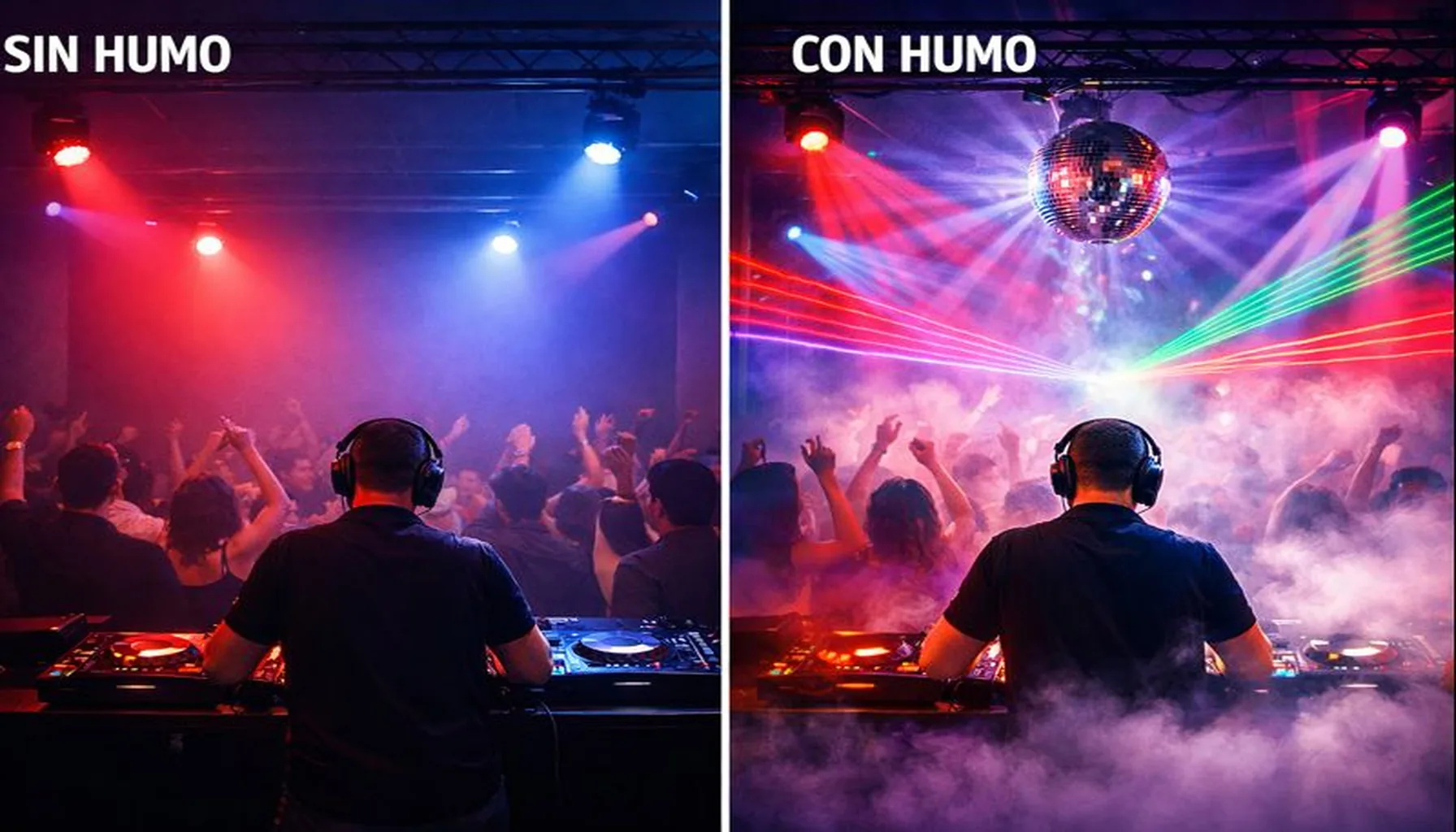Comparación del efecto del humo en una fiesta con luces LED y láser: sin humo la luz es plana, con humo aparecen rayos, túneles y profundidad