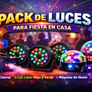 Pack de luces para fiestas en casa con focos LED de colores, láser rojo y verde, máquina de humo y efectos disco para living y patio
